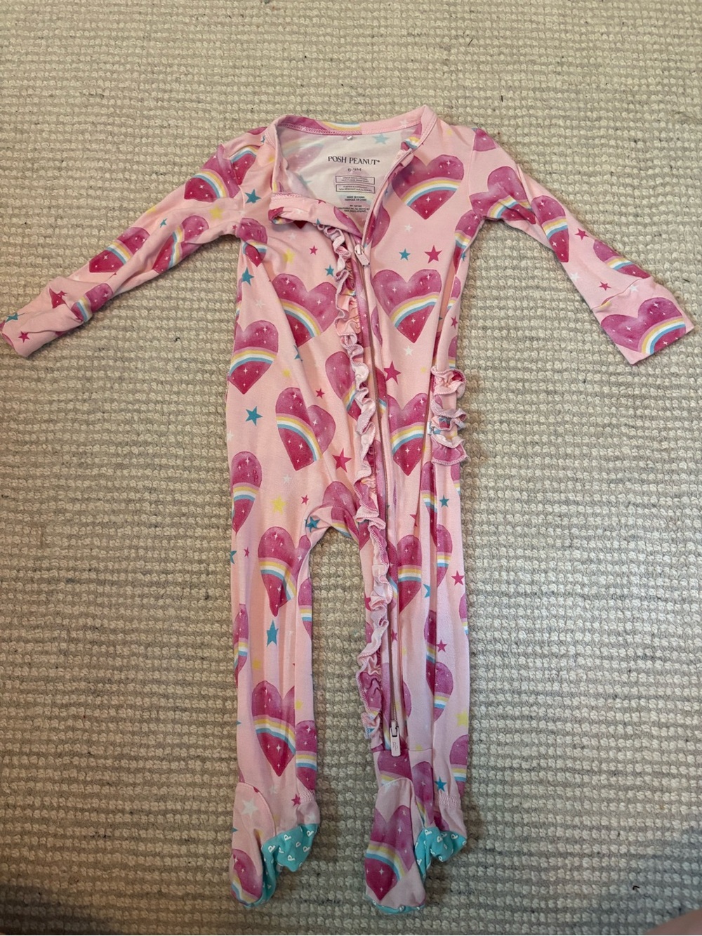 Posh Peanut Pink Rainbow Heart Ruffle Footed One-Piece